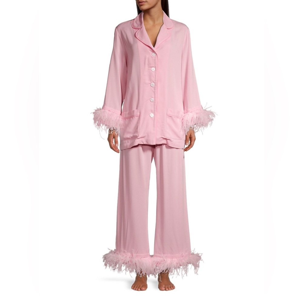 Blush Pink SLEEPER feather trimmed PAJAMAS. Sz Large. BRAND NEW w tags attach.